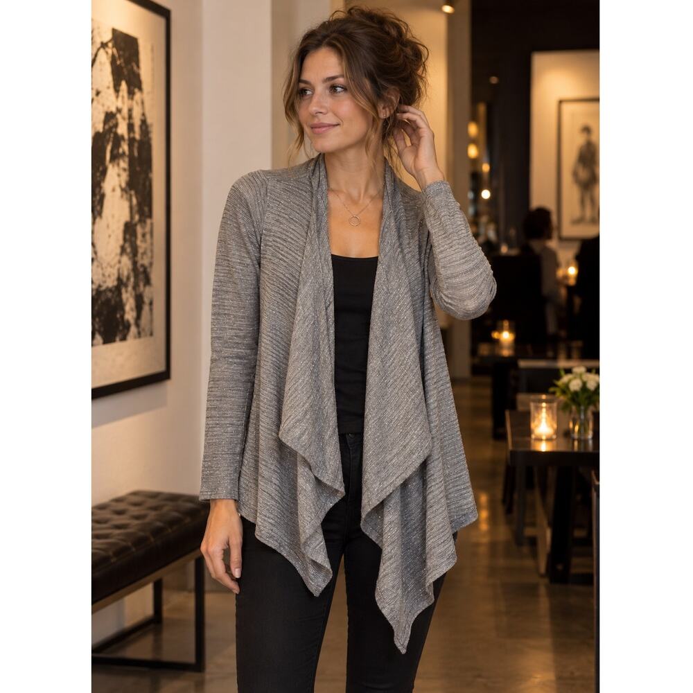 AGB Metallic Gray Waterfall Cardigan Small Draped Asymmetrical Shimmer Layer
